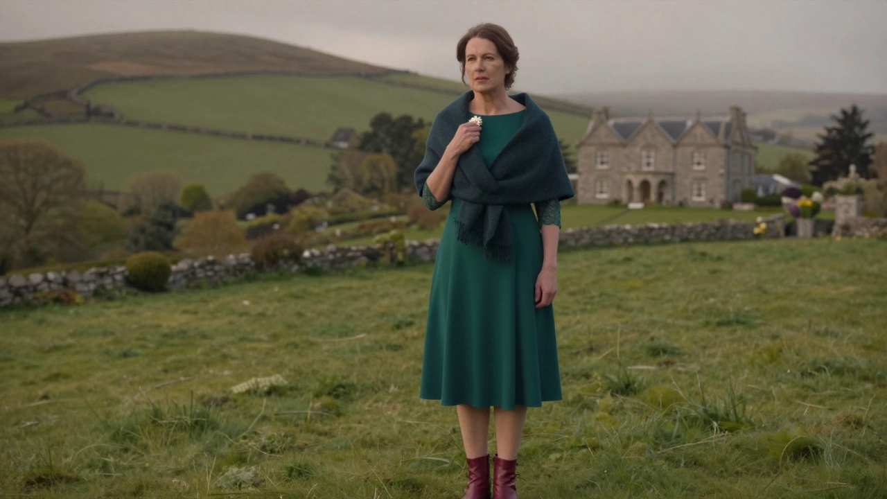 A woman in an emerald lace dress with wool shawl and leather boots at a spring wedding in the Irish countryside.