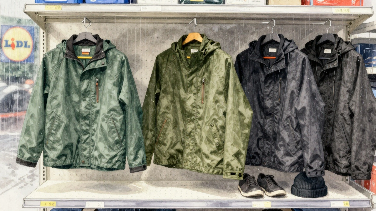 A worn waterproof jacket hanging in a Lidl store, with rain on the window and outdoor gear nearby, emphasizing practicality.