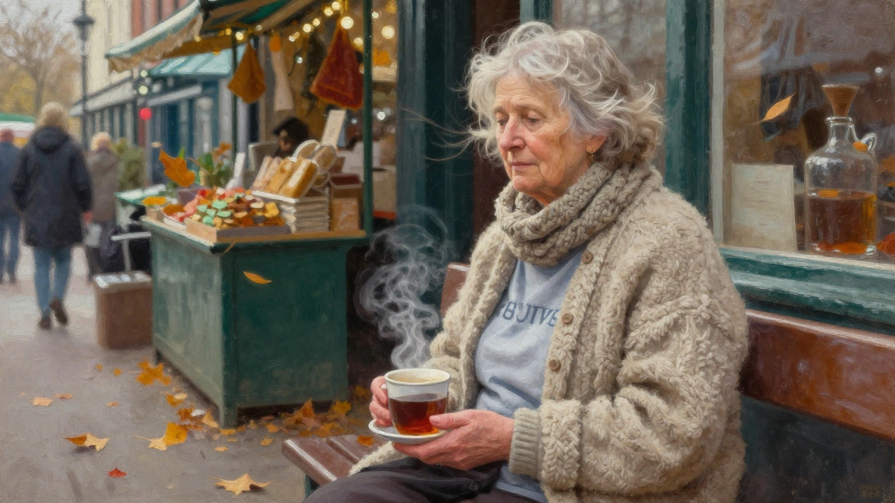An elderly woman in a cardigan and wool scarf sits on a bench holding tea, wearing a loose boyfriend t-shirt in autumn Ennis.