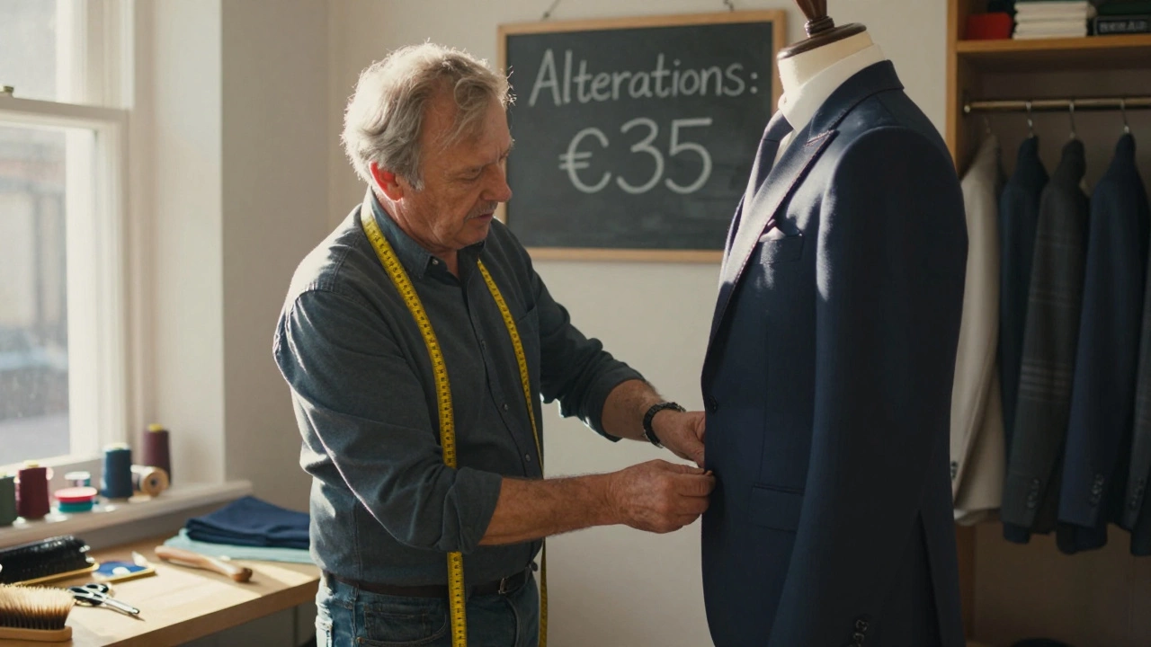 An Irish tailor pins the hem of a budget suit on a mannequin in a cozy Cork shop, sunlight streaming through the window.