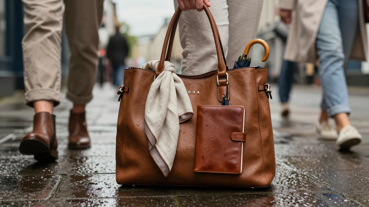 An open handbag on a wet sidewalk in Cork containing a scarf, umbrella, and notebook, with blurred figures in summer workwear walking past.