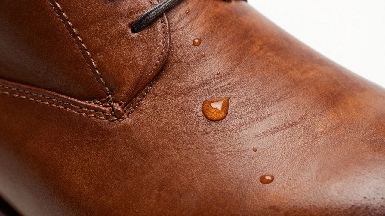 Close-up of leather shoe texture with water droplets.