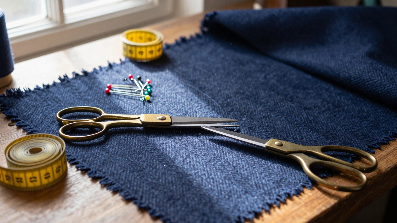 Close up of tailor tools and textured wool fabric on wooden table
