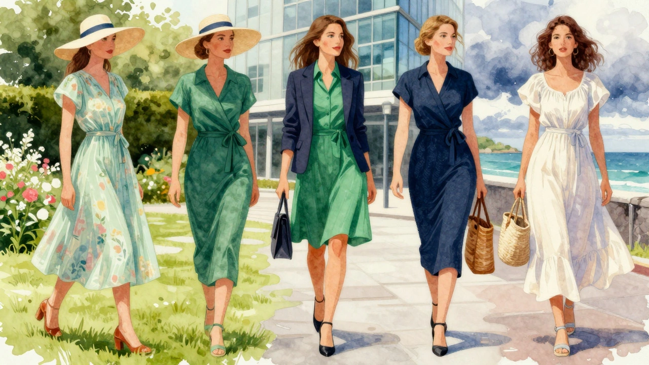 Collage illustration showing sundress styled for garden party, office, and coast
