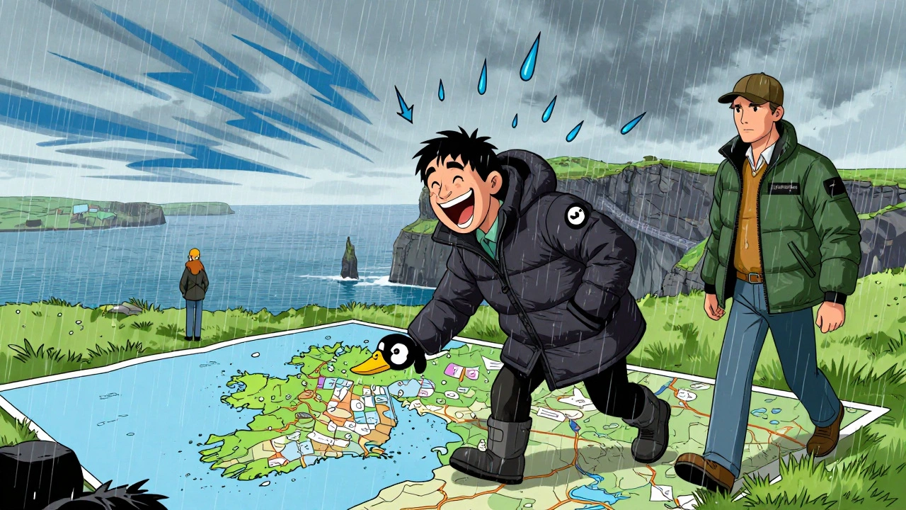 Comic-style illustration of Irish weather mocking a tourist in a puffer coat while a local in a rainproof jacket walks past.