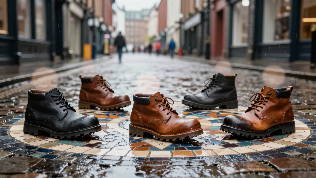Five Irish work shoes displayed on wet cobbled and tiled surfaces, water droplets suspended in air.