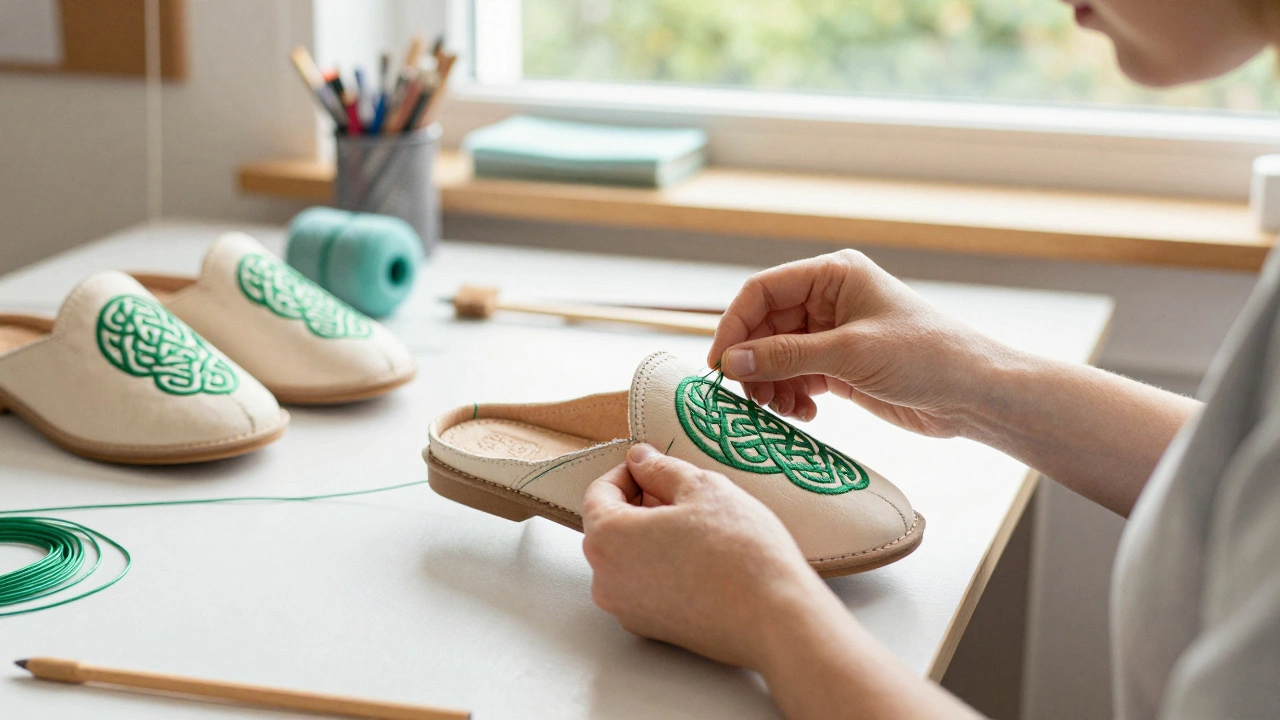 Hands embroidering Celtic knots on custom slippers