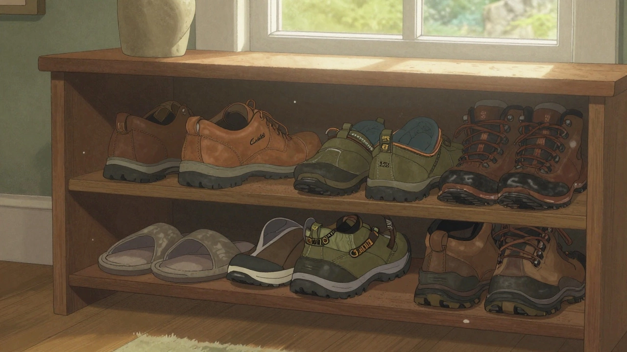 Home shoe rack in Ireland showing dominant walking shoe brands: Clarks, Geox, and Claddagh.