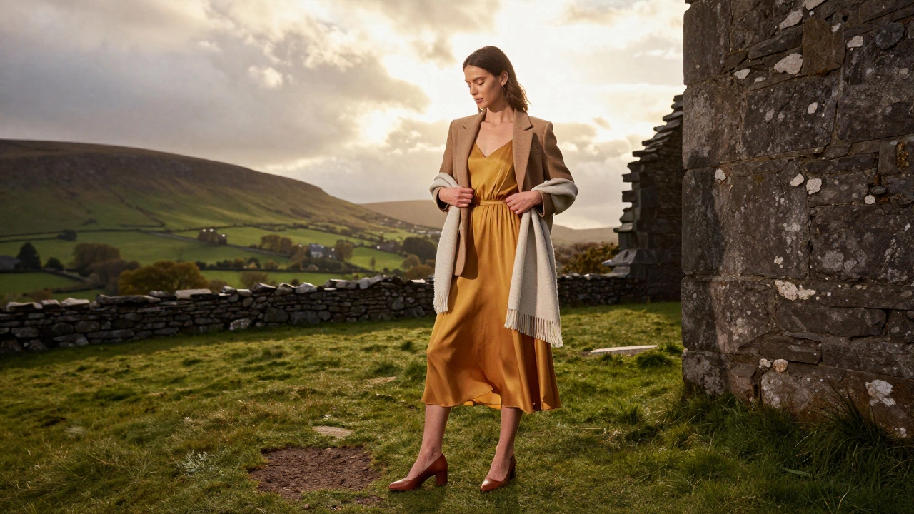 Lady adjusting blazer over sundress at Irish castle ruins during golden hour