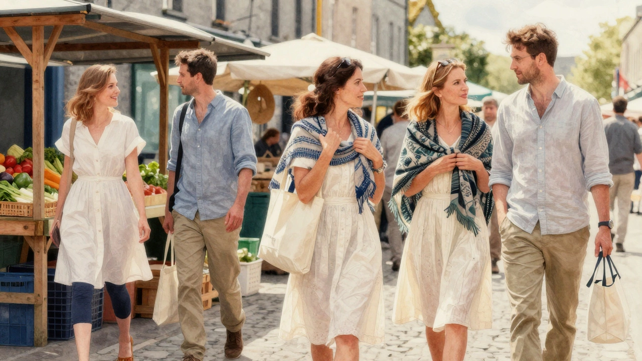 Locals at a Galway market wearing practical summer attire with woven shawls and cotton dresses.