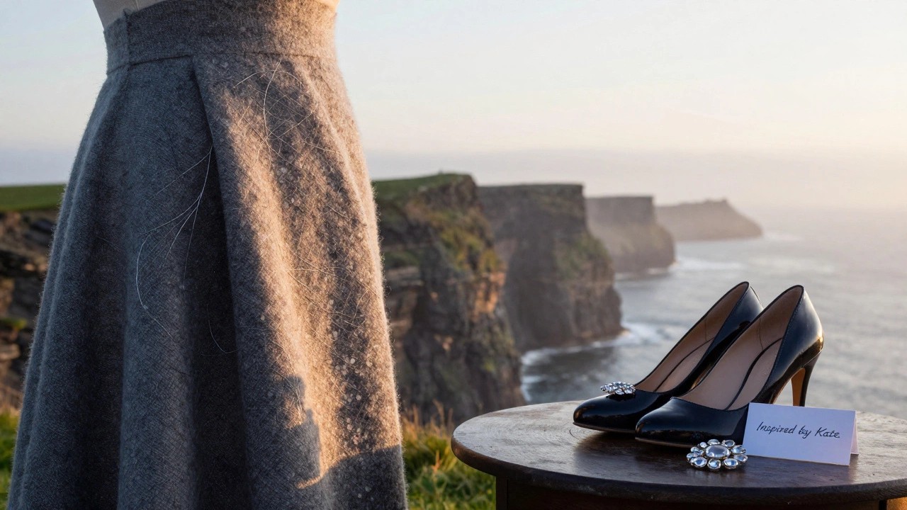 Luxurious wool-silk fabric with silver thread draped like cliffs at sunrise, beside elegant accessories.