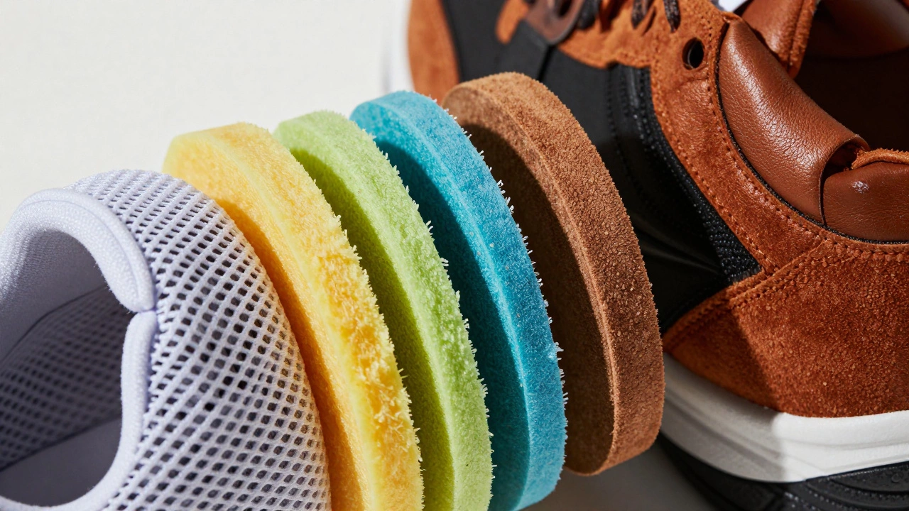 Macro view comparing athletic mesh sneaker parts to heavy casual shoe materials