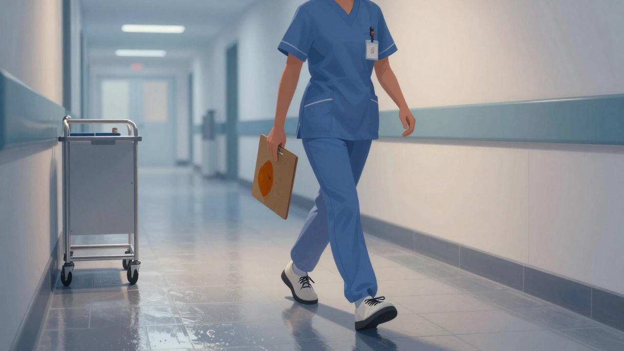 Nurse walking on wet hospital tiles with supportive work shoes, holding clipboard in early morning light.