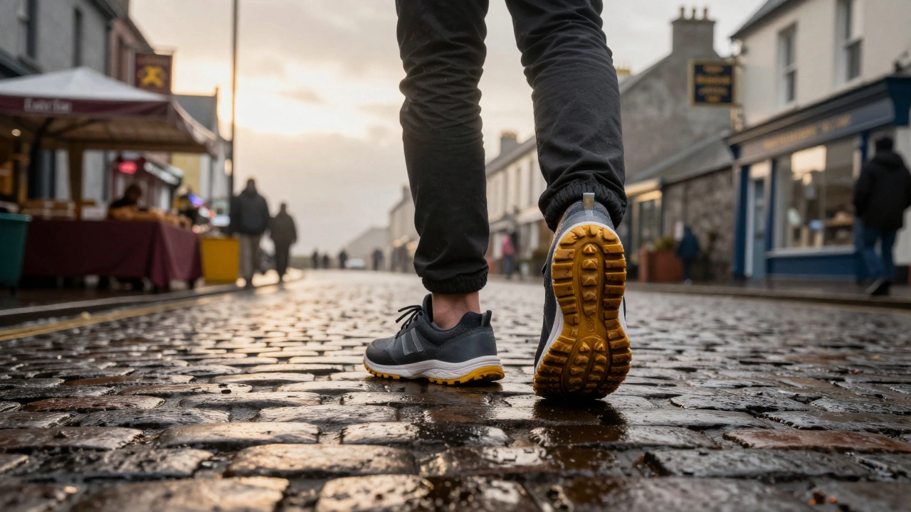Person in hybrid sneakers on wet Irish cobblestones with misty coastal background