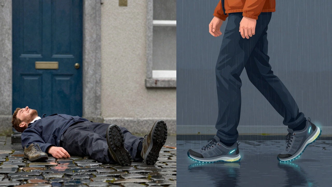 Side-by-side contrast: tired worker in worn shoes vs. same person energized in Clarks shoes under Irish rain.
