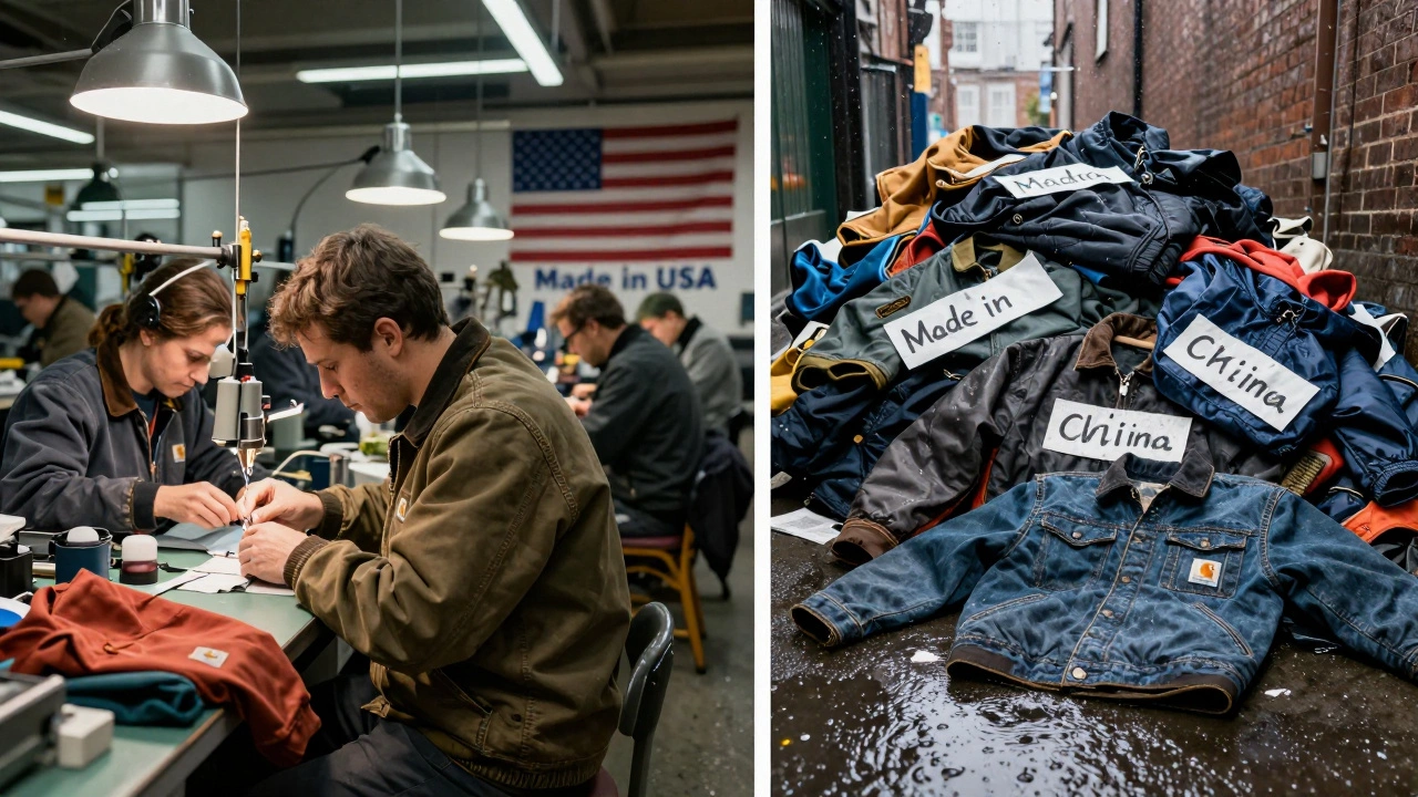 Split-screen: U.S. factory workers sewing Carhartt jackets vs. counterfeit jackets discarded in a rainy alley.
