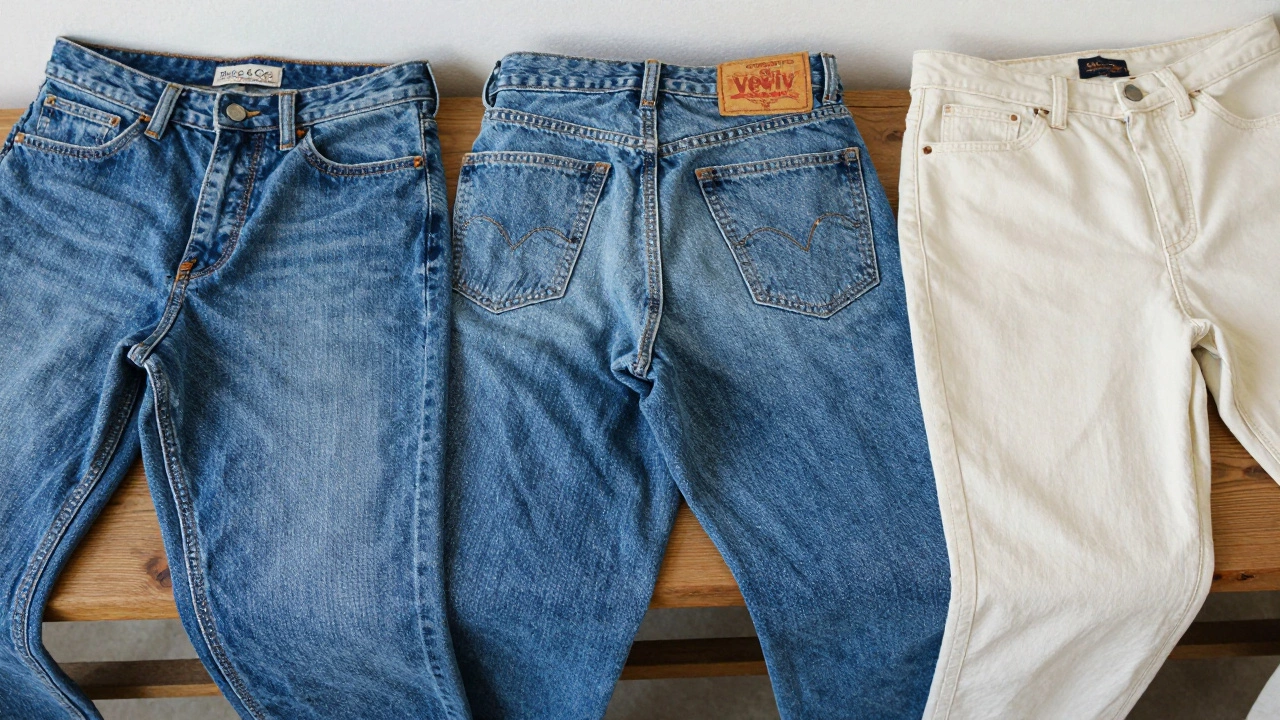 Three different styles of mom jeans laid out on wood, showcasing fabric texture and eco-labels from Irish brands.