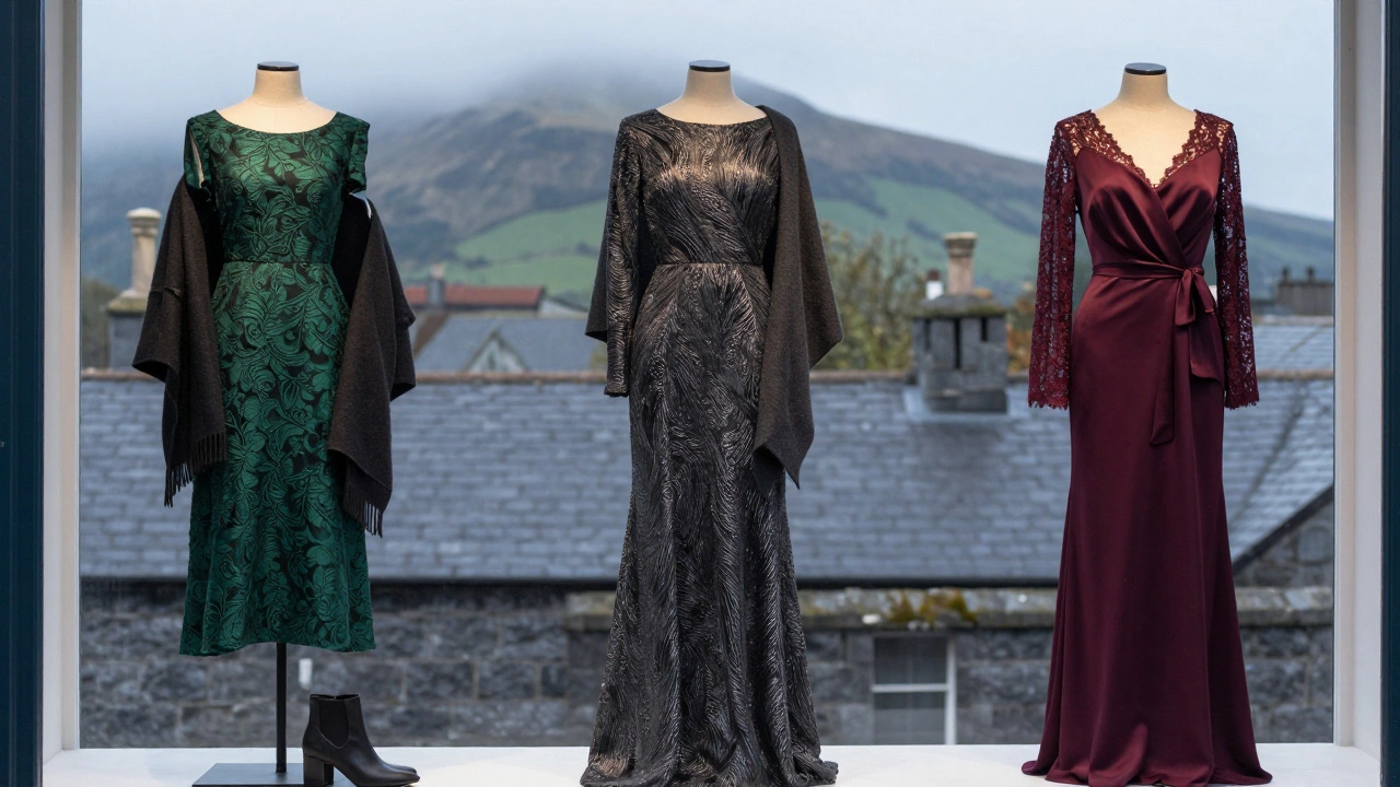 Three Irish-designed evening dresses displayed in a Dublin boutique window, styled with shawls and block heels against a misty landscape backdrop.