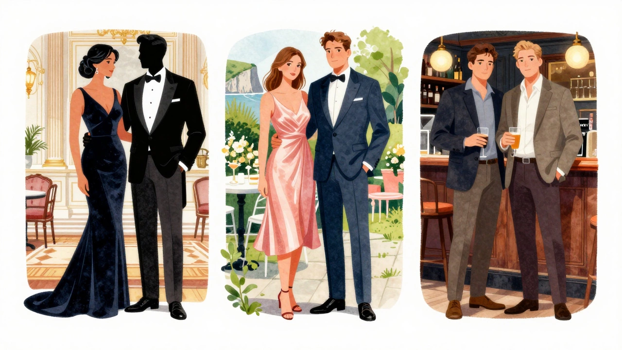 Three Irish dress code styles displayed side by side from formal to casual attire