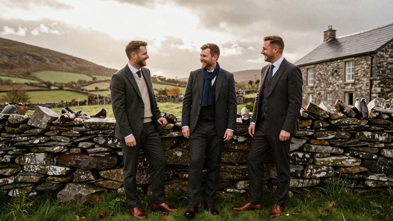 Three Irish men at a Donegal wedding, each in affordable tailored suits, laughing beside a stone barn as sunlight breaks through clouds.