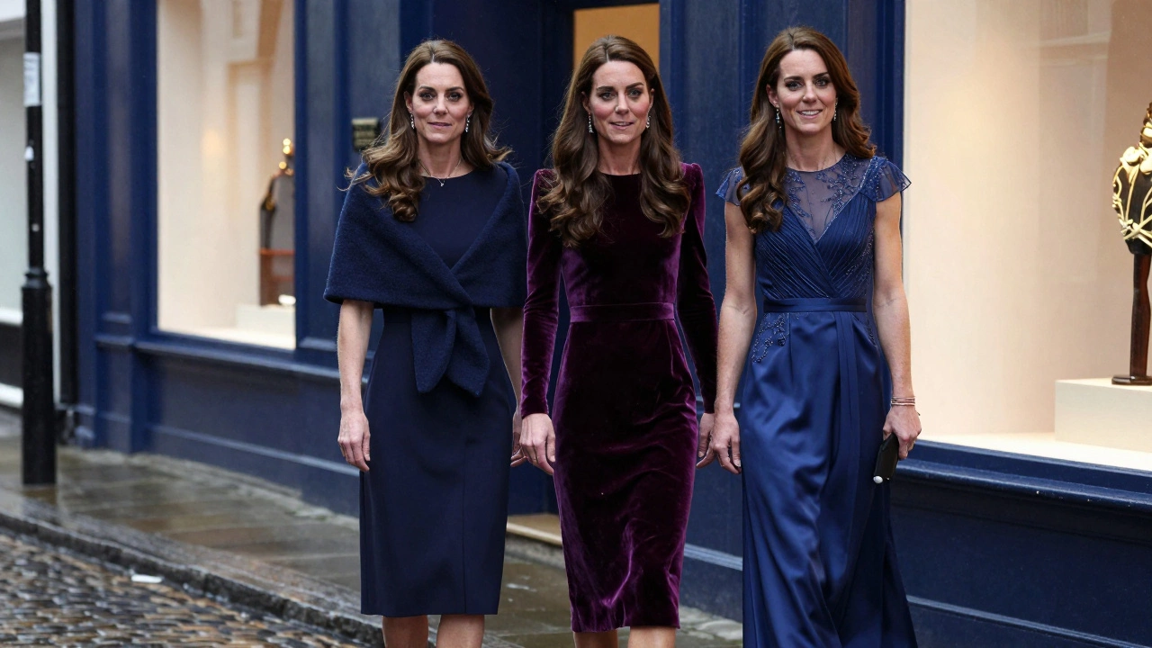 Three Irish women in blue evening dresses outside a boutique in Limerick, under soft streetlight.