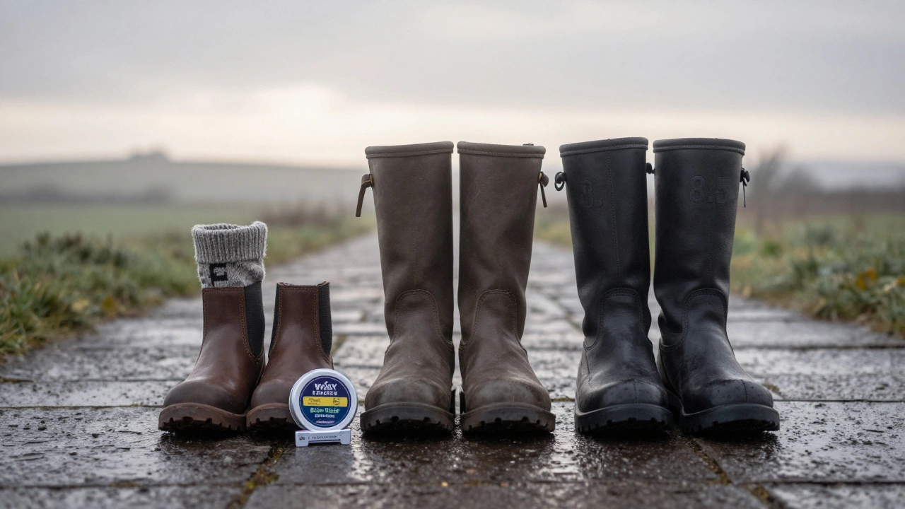 Three sizes of Thursday Boots on a damp Irish path with accessories for fit and care.