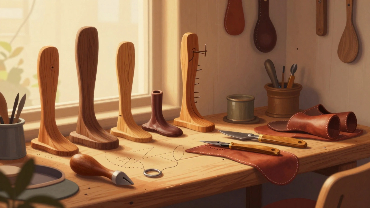 Traditional cobbler workshop with tools and shoe trees.