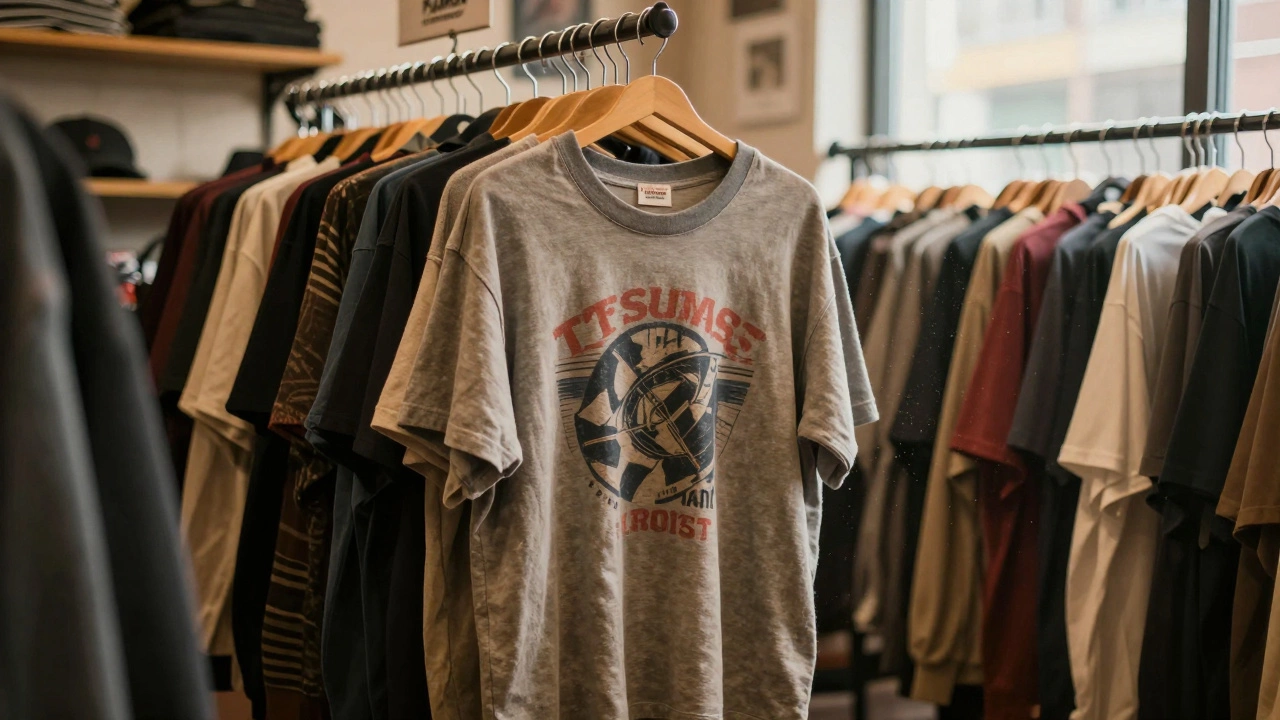 Vintage t-shirt hanging in a cozy charity shop rack.