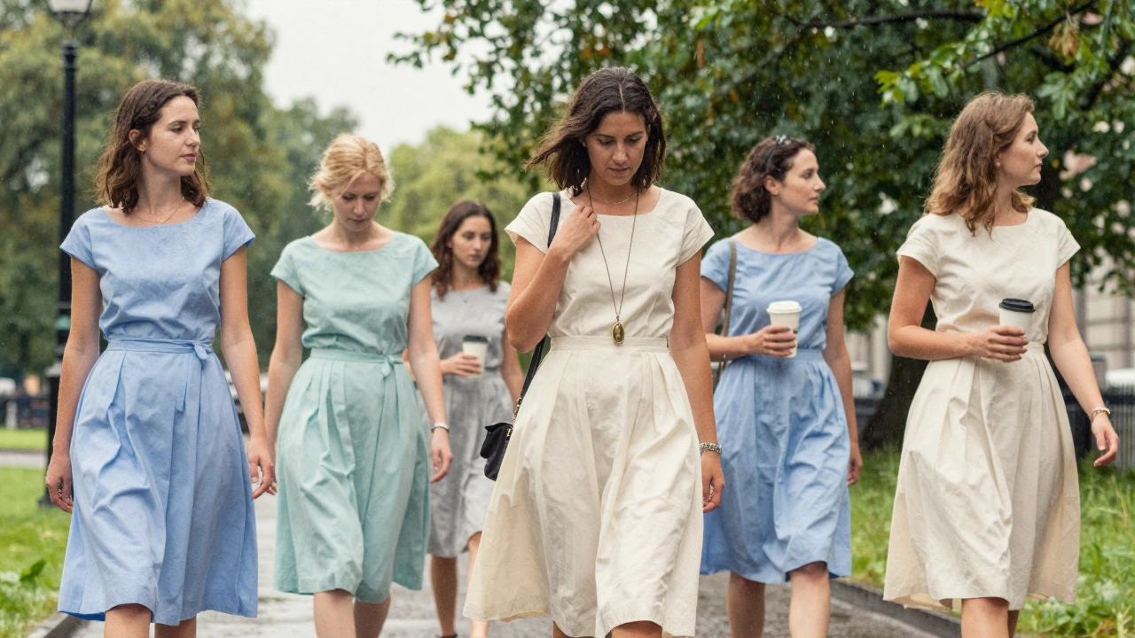 Women in A-line cotton dresses strolling past St. Stephen’s Green in light rain.