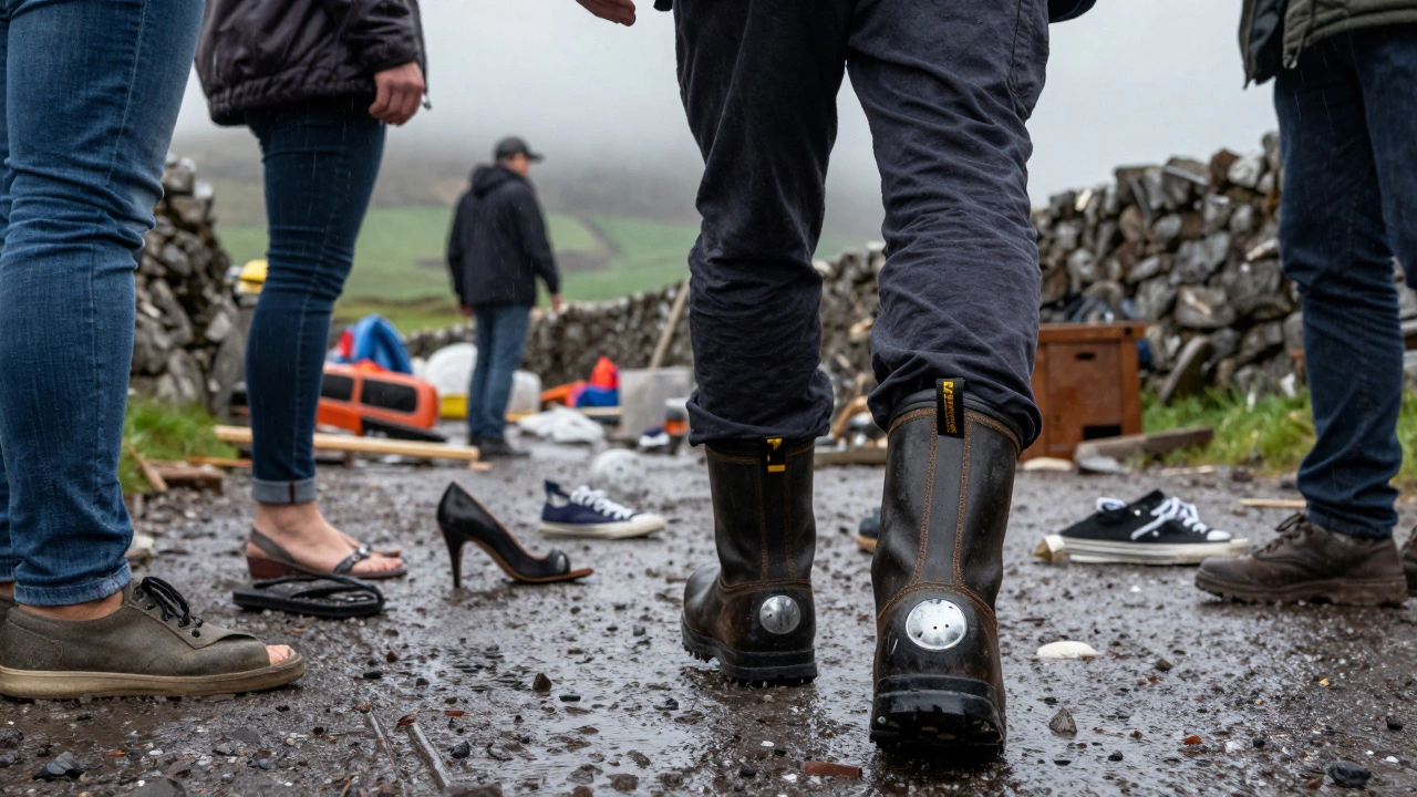 Worker walking away from unsafe footwear on a rainy Irish job site, wearing certified safety boots.