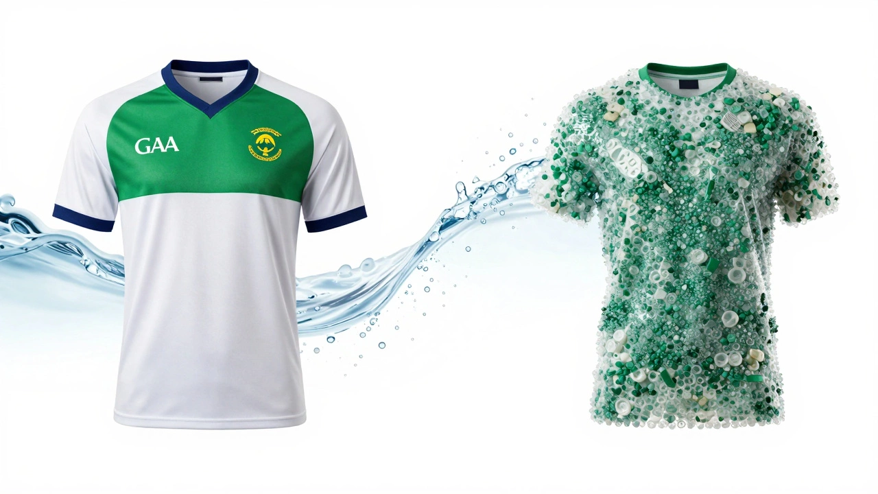 A GAA jersey and a garment made from recycled ocean plastics on a white background