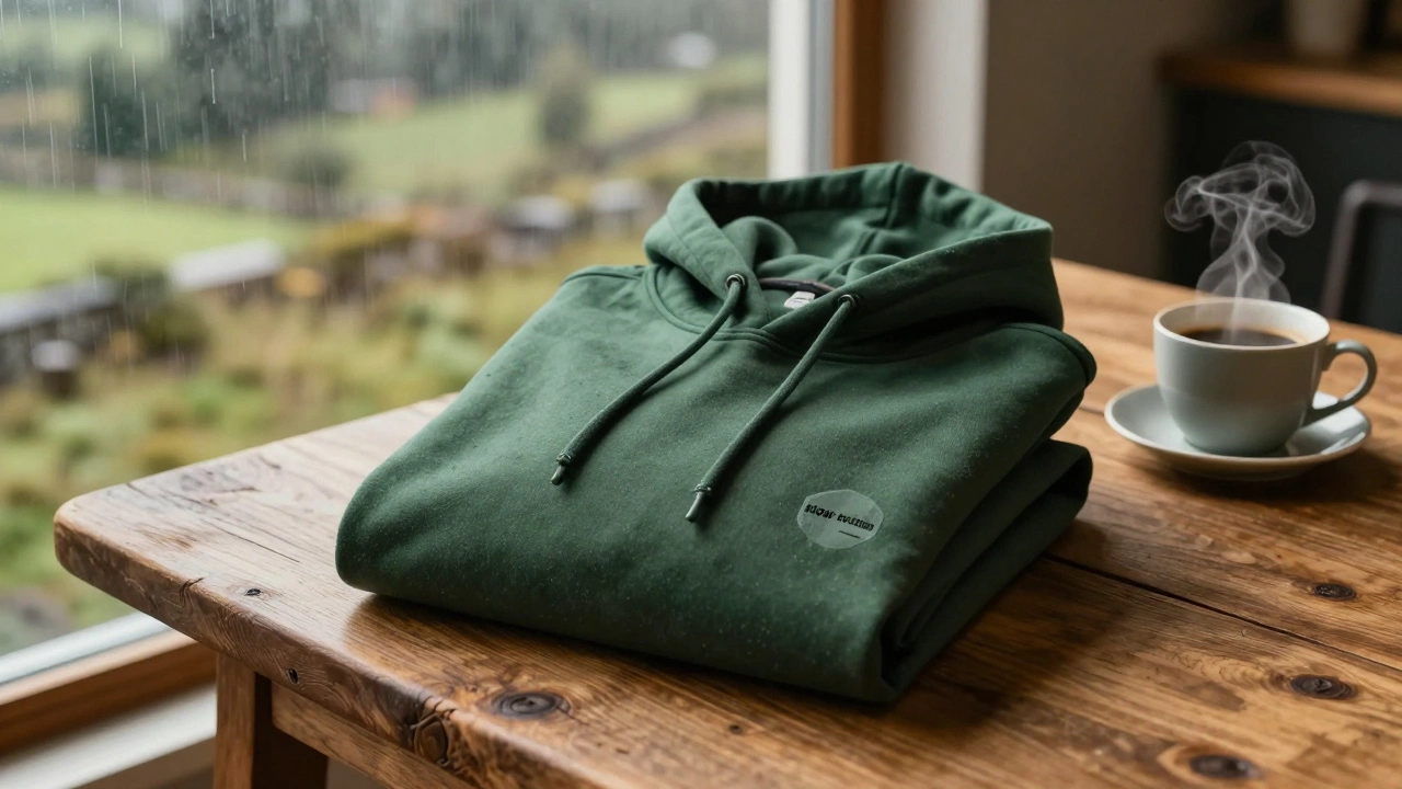 A sustainable forest green hoodie folded on a wooden table with coffee