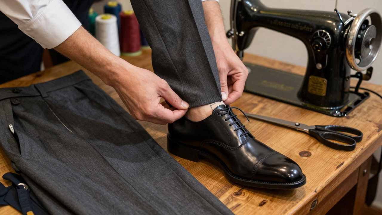 A tailor pinning the hem of charcoal suit trousers over a black dress shoe