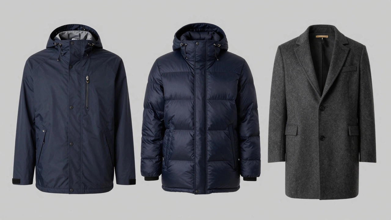 A waterproof shell, a puffer jacket, and a wool overcoat displayed side-by-side