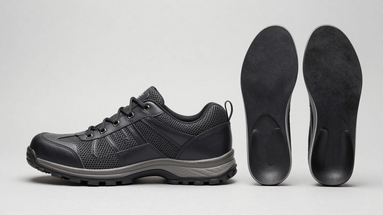 An ergonomic work shoe and a contoured medical orthotic insole on a gray background.