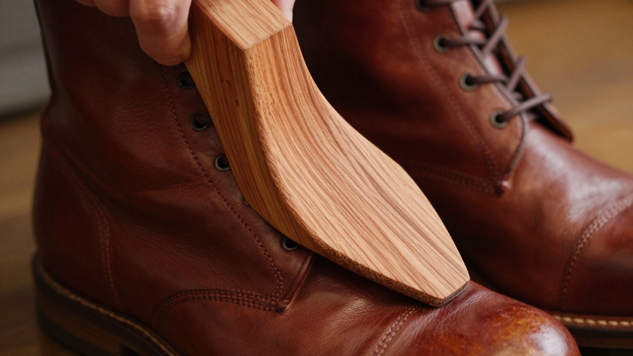 Cedar shoe trees being placed inside high-quality leather boots