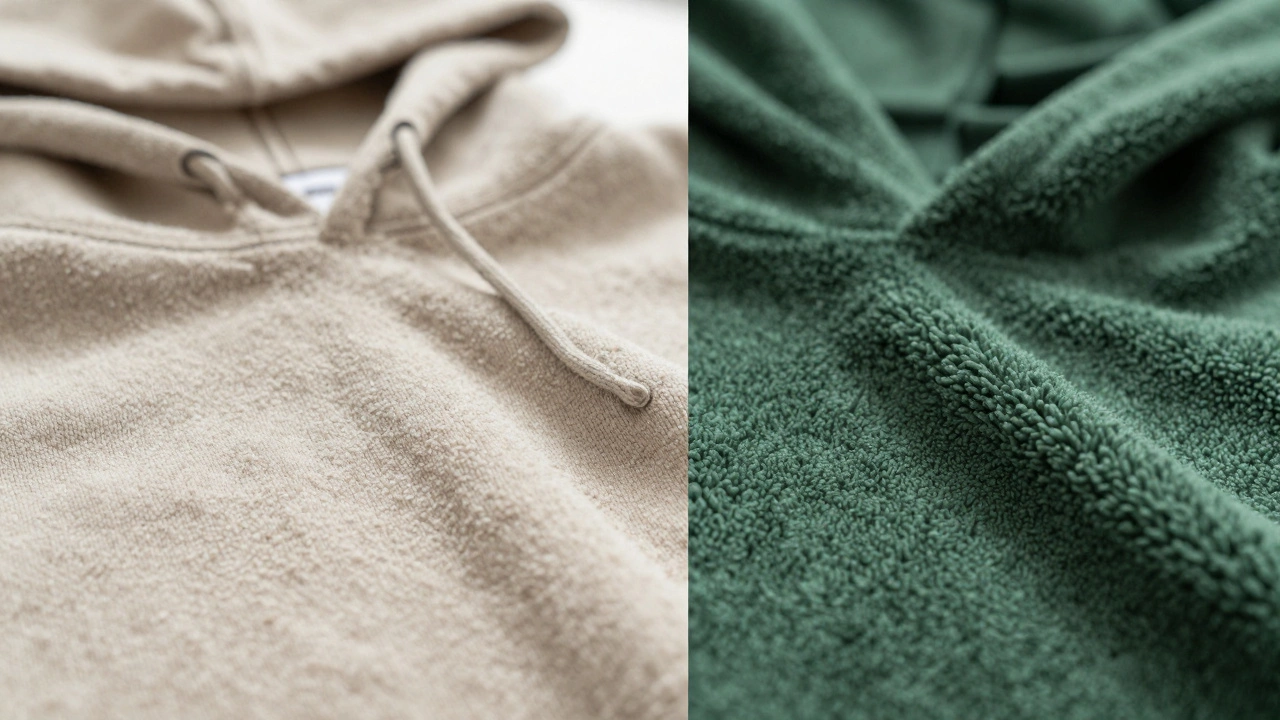 Close-up comparison of French Terry and fleece hoodie fabric textures