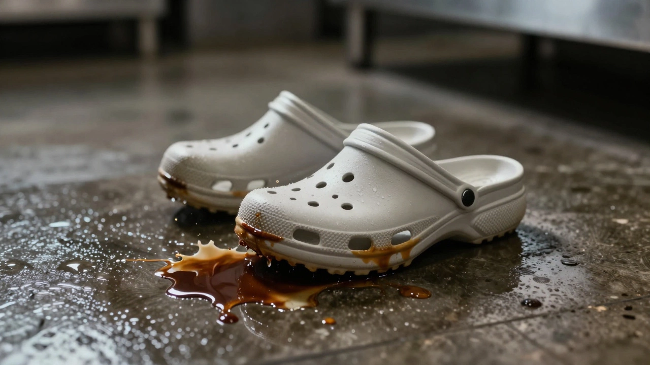 Close-up of a foam clog with holes next to a liquid spill on a slippery kitchen floor