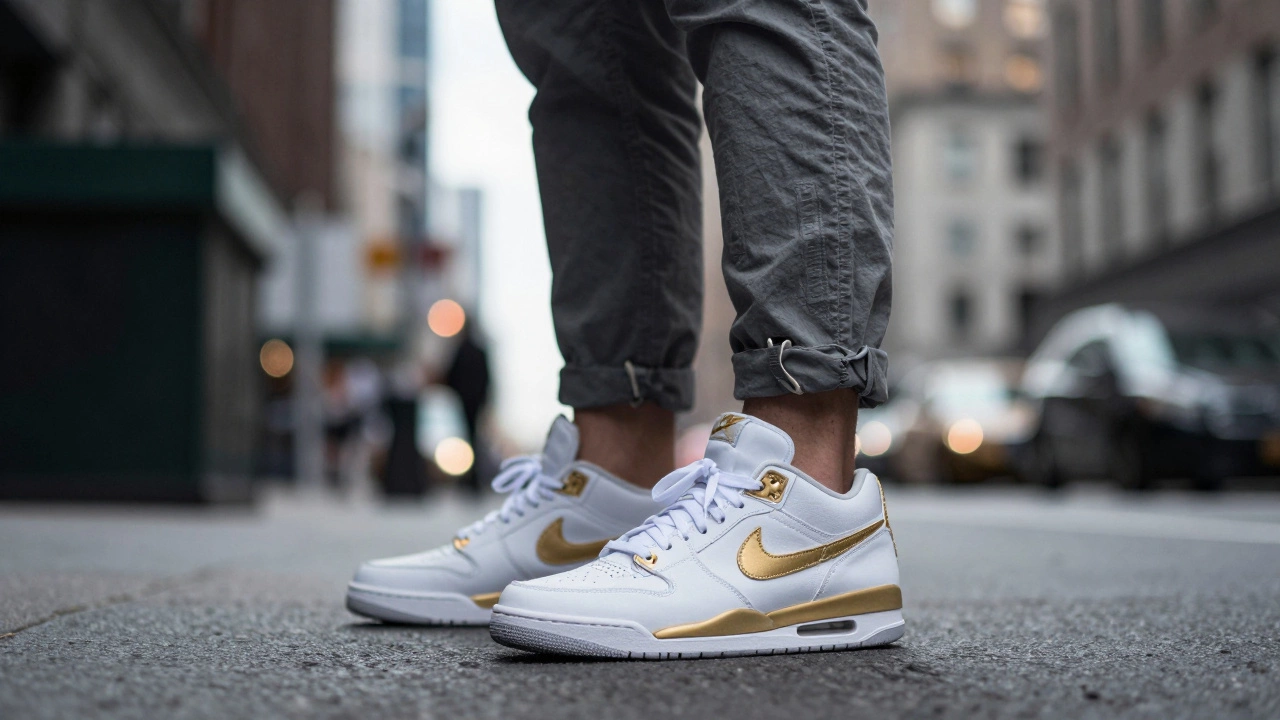 Close-up of a person wearing limited-edition luxury sneakers in a New York city setting