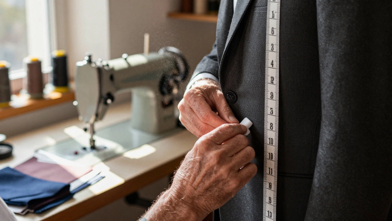 Close-up of a tailor measuring a charcoal grey suit in a workshop