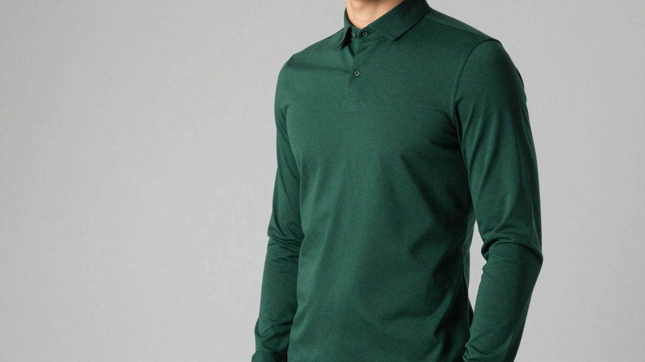 Close-up of a tailored forest green structured cotton shirt highlighting a slim fit