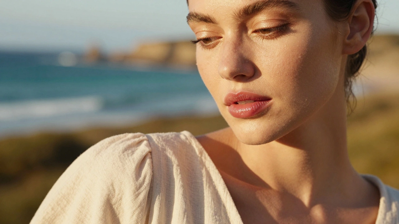 Close-up of a woman with minimal champagne eyeshadow and tinted lip oil against a coastal background