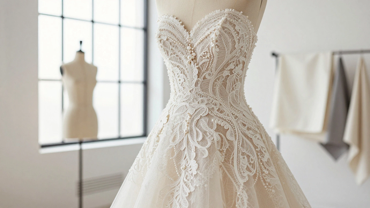 Close-up of an elegant lace bridal gown with a structured A-line silhouette