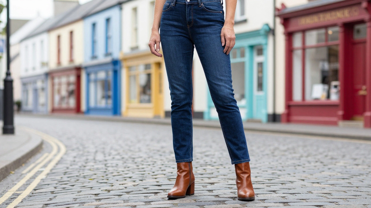 Close-up of bootcut jeans paired with brown leather block-heel boots on a cobblestone street