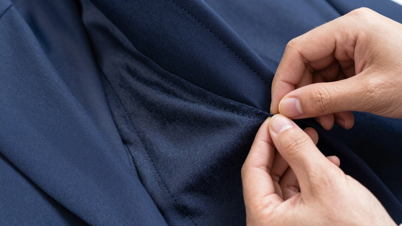 Close-up of hands performing a pinch test to reveal a suit's internal canvas layer
