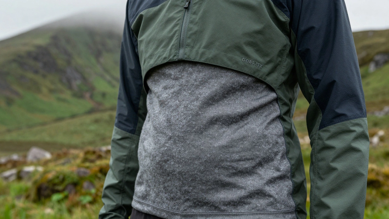 Close-up of technical hiking layers including a waterproof shell and merino wool