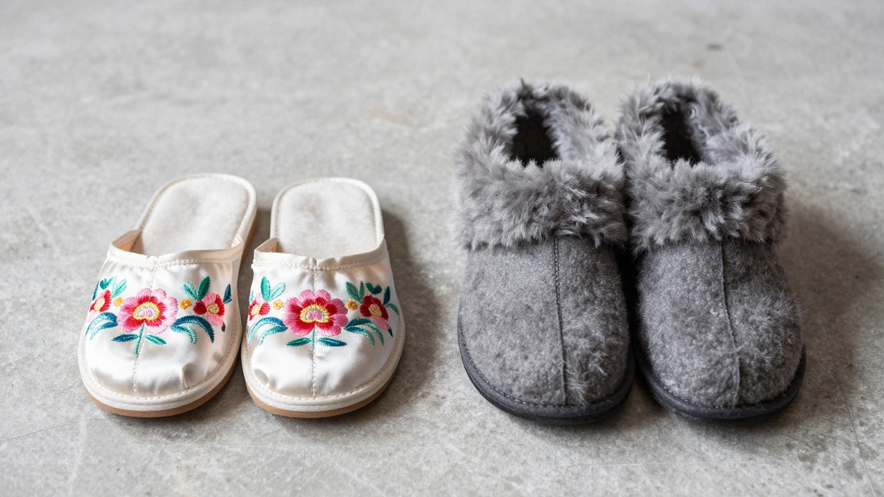 Comparison between a delicate silk Chinese slide and a fluffy wool house shoe