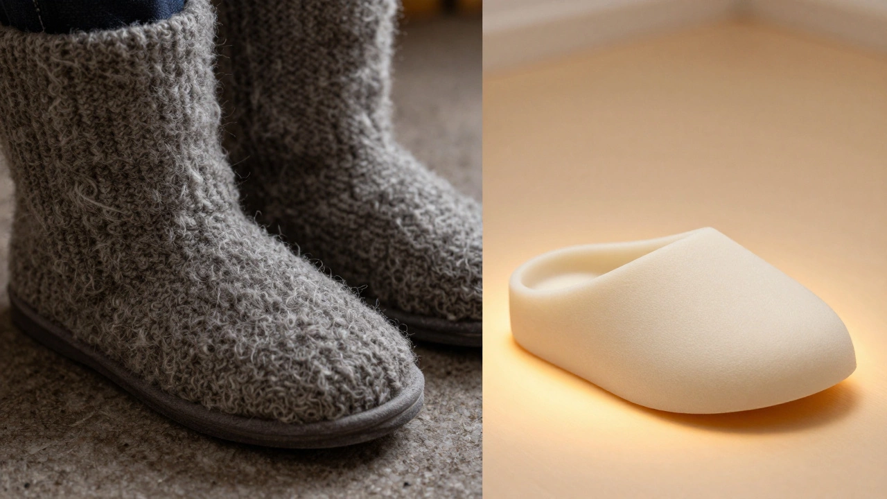 Comparison between a heavy Irish wool slipper and a lightweight Korean foam slipper.