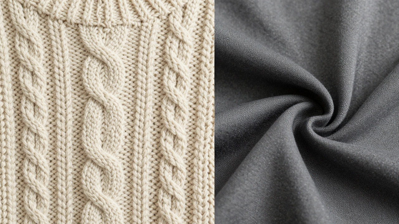Comparison of chunky cream cable knit wool and smooth charcoal grey jersey fabric.