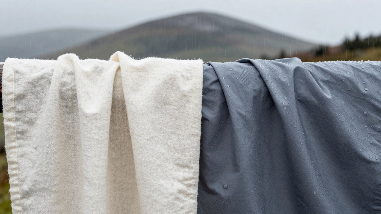 Comparison of water-absorbent cotton and water-repellent synthetic athletic fabric.